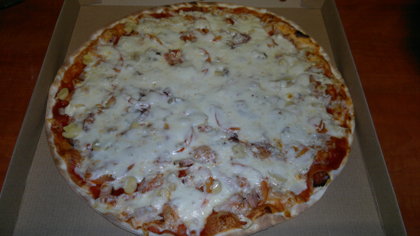 Delicious	- tomato sauce, chicken, pork ham, marinanted mushrooms, tomato,  cucumber mayonnaise, cheese